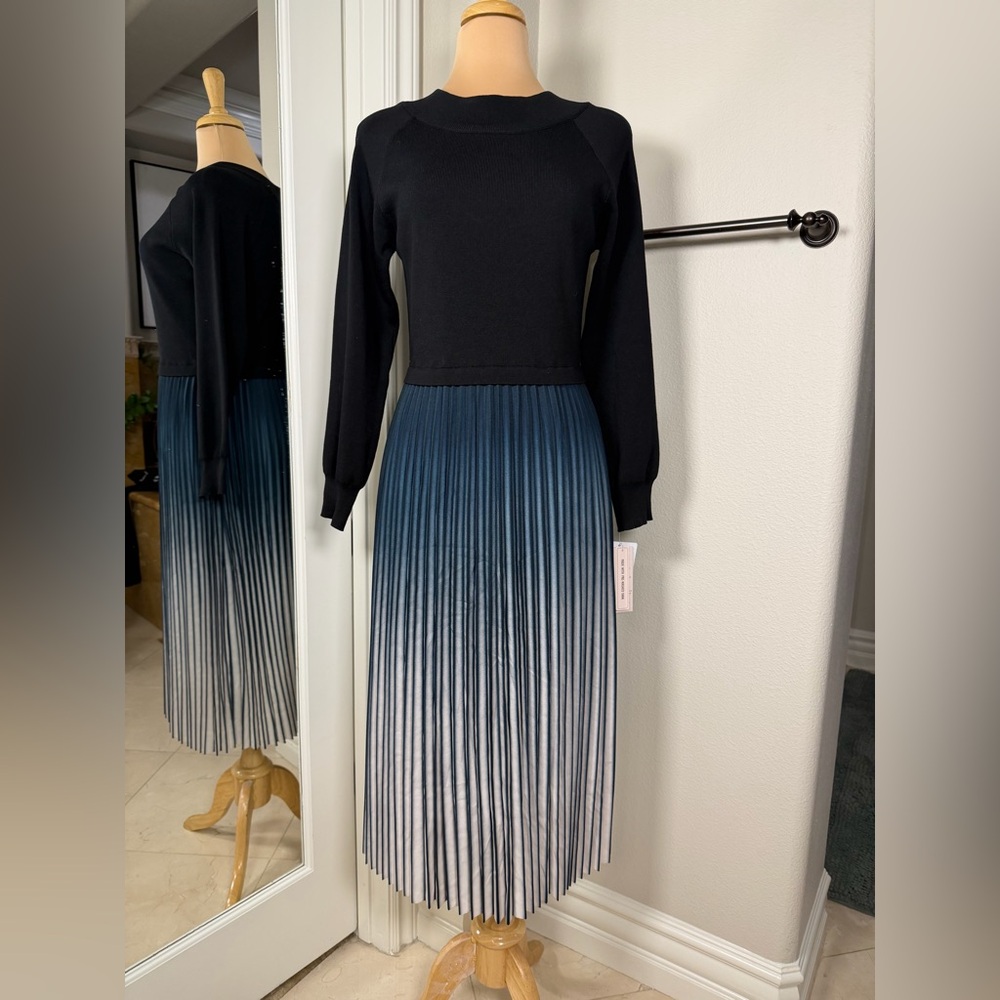 Nanette Lepore Mixed Media Sweater Dress Pleated Chiffon Skirt NWT Size Large